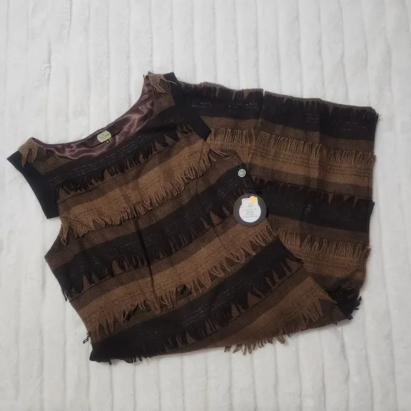 Eva Franco Brown Dress Size 8 Sleeveless Sheath Fringe Lined Avant Garde Boho
