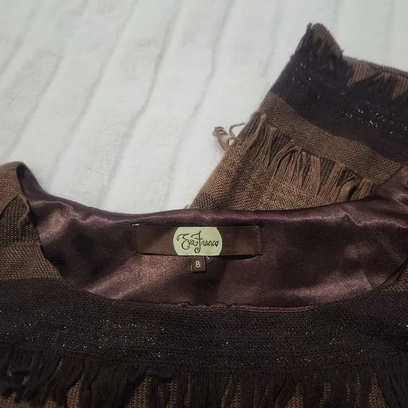 Eva Franco Brown Dress Size 8 Sleeveless Sheath Fringe Lined Avant Garde Boho