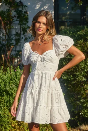 EYELET MINI DRESS-WHITE