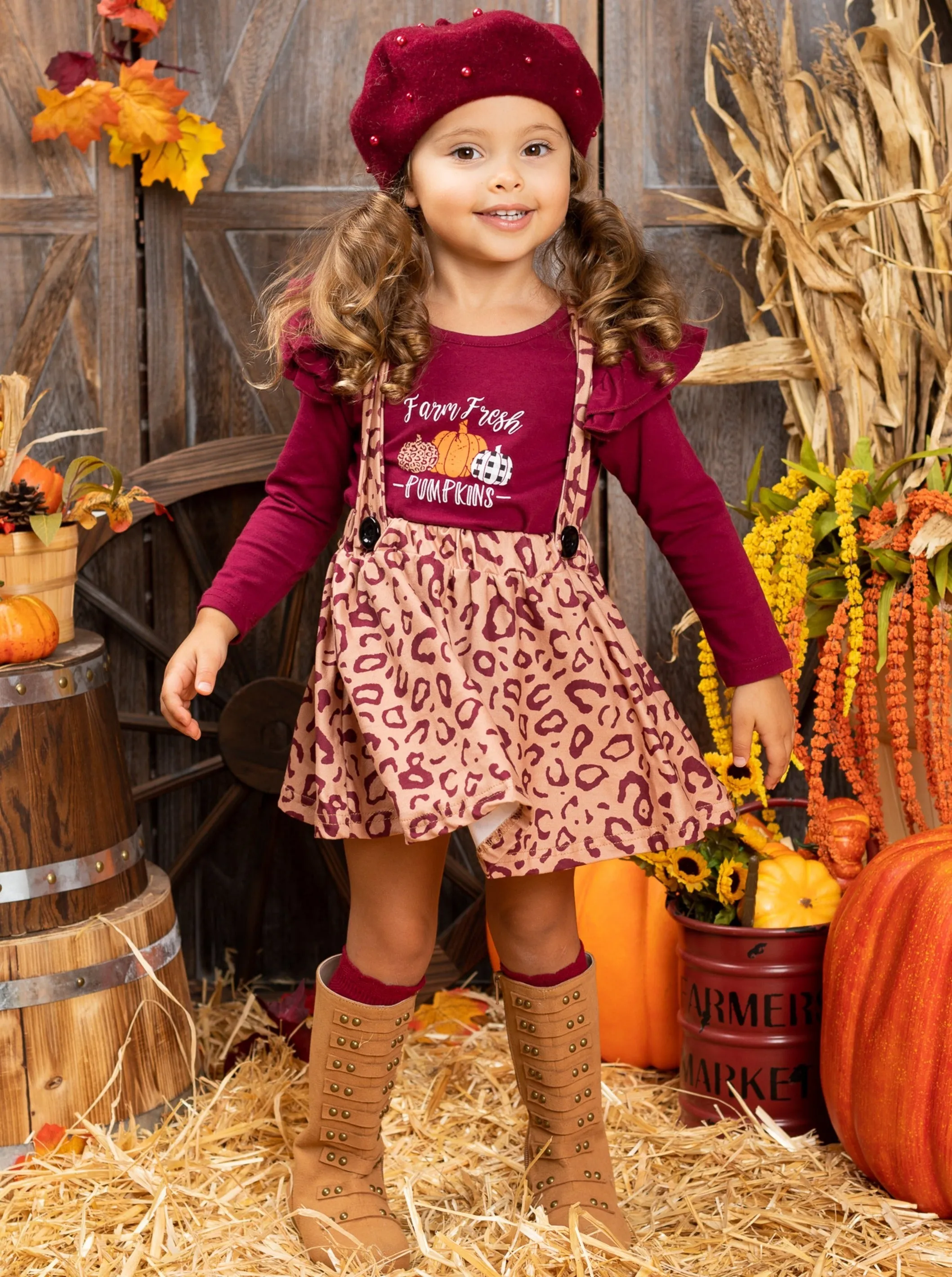Farm Fresh Pumpkins Ruffled Top And Leopard Pinafore Skirt Set