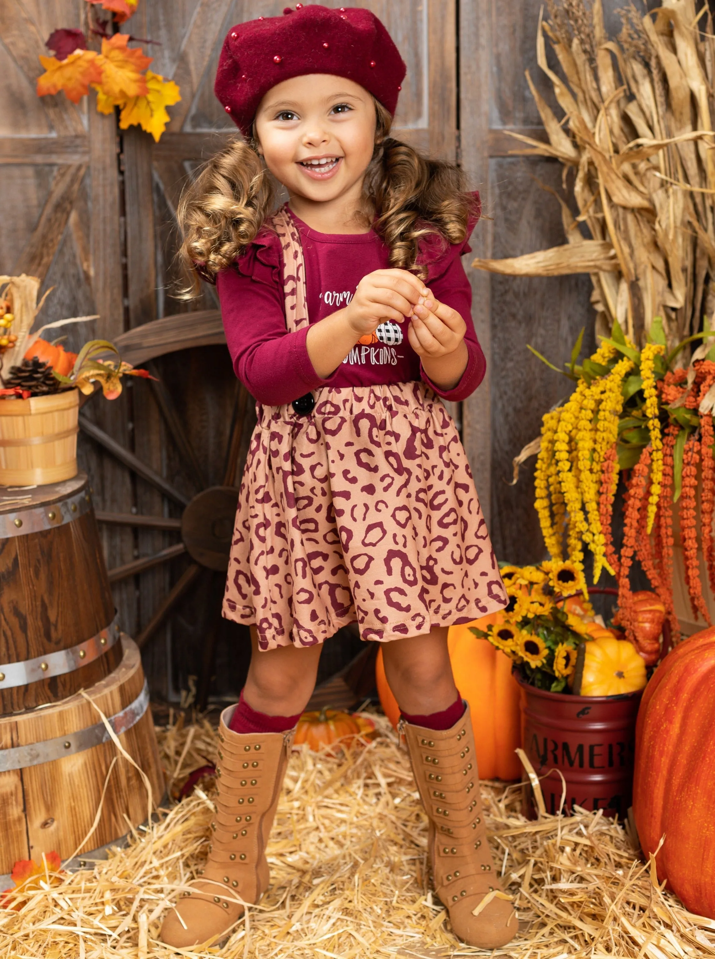 Farm Fresh Pumpkins Ruffled Top And Leopard Pinafore Skirt Set