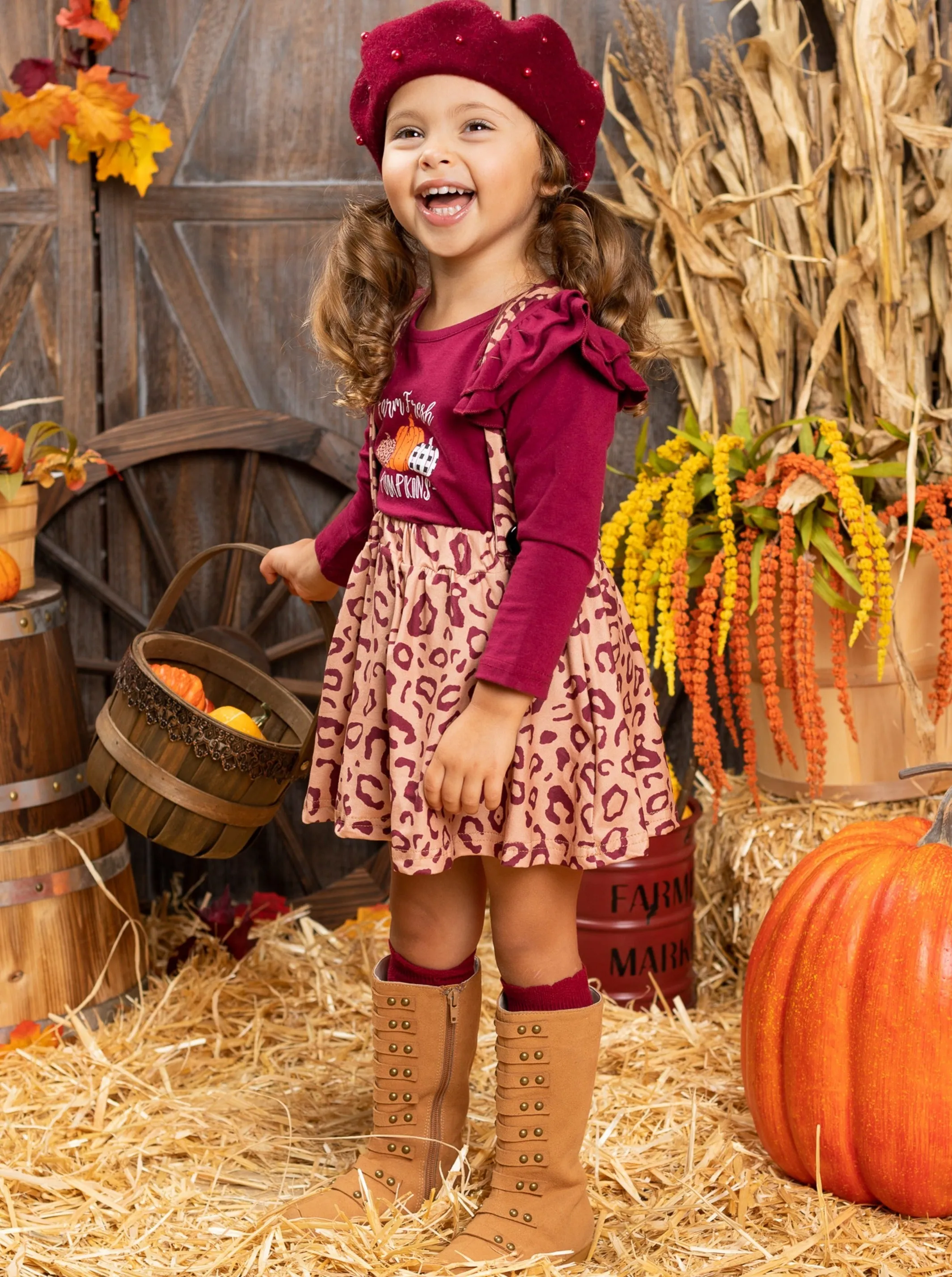 Farm Fresh Pumpkins Ruffled Top And Leopard Pinafore Skirt Set