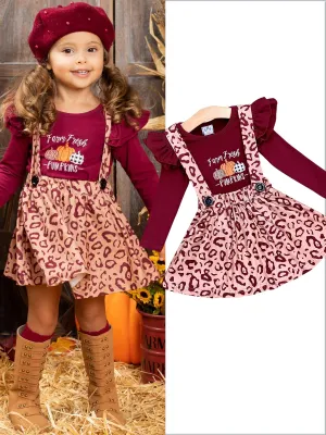 Farm Fresh Pumpkins Ruffled Top And Leopard Pinafore Skirt Set