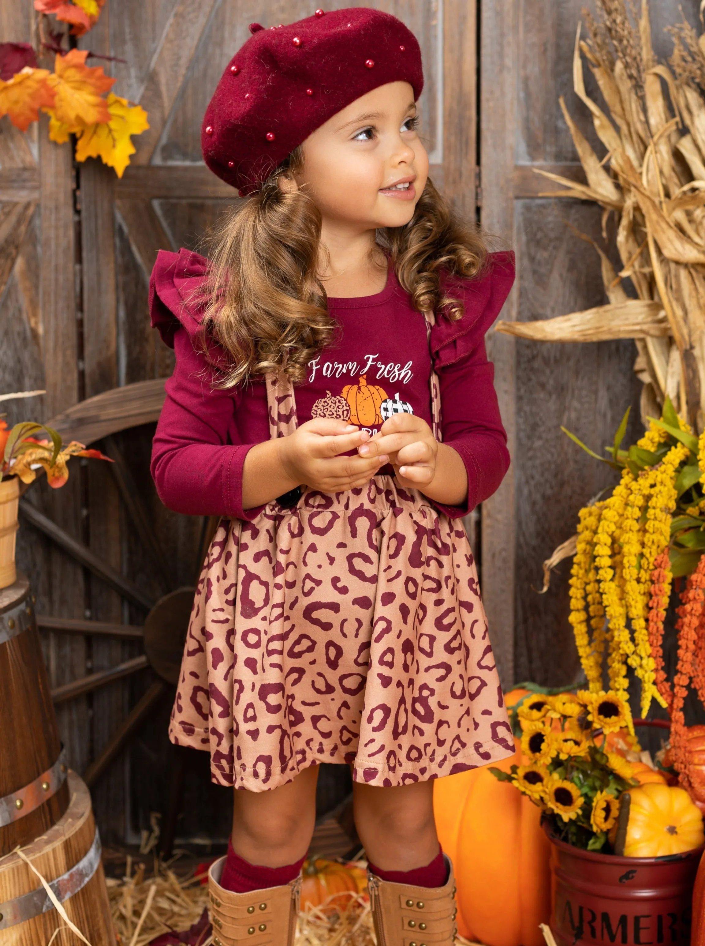 Farm Fresh Pumpkins Ruffled Top And Leopard Pinafore Skirt Set