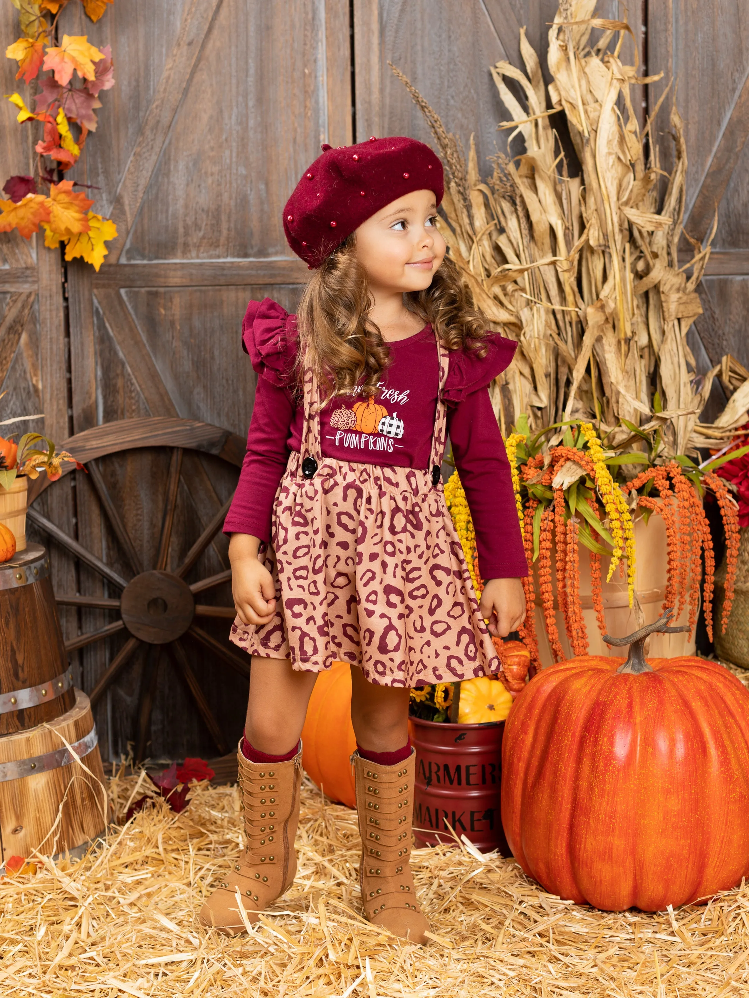 Farm Fresh Pumpkins Ruffled Top And Leopard Pinafore Skirt Set