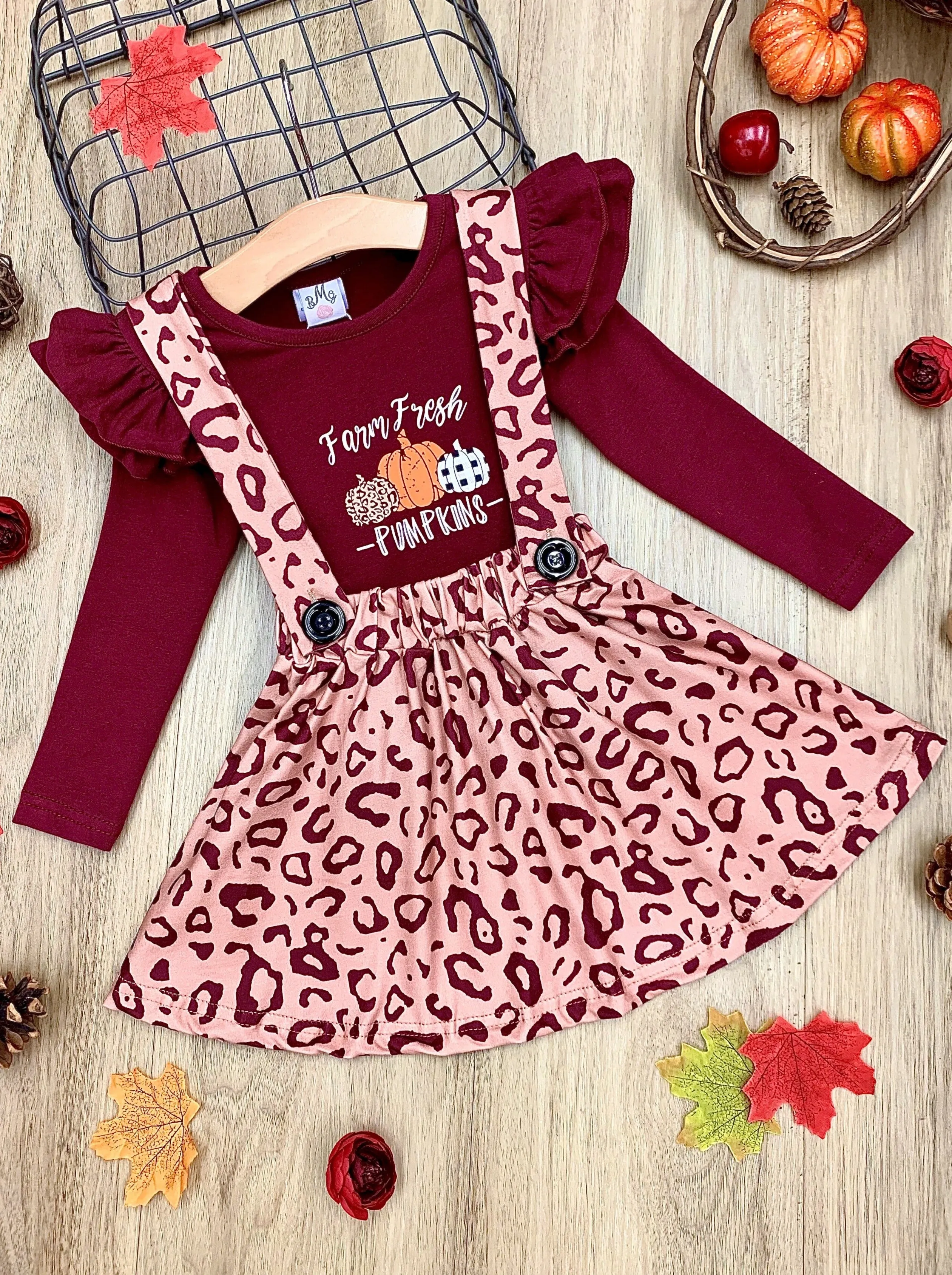 Farm Fresh Pumpkins Ruffled Top And Leopard Pinafore Skirt Set