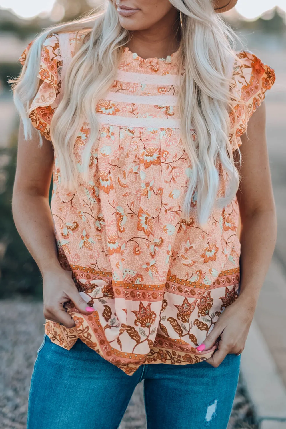 Floral Print Ruffled Crew Neck Sleeveless Top
