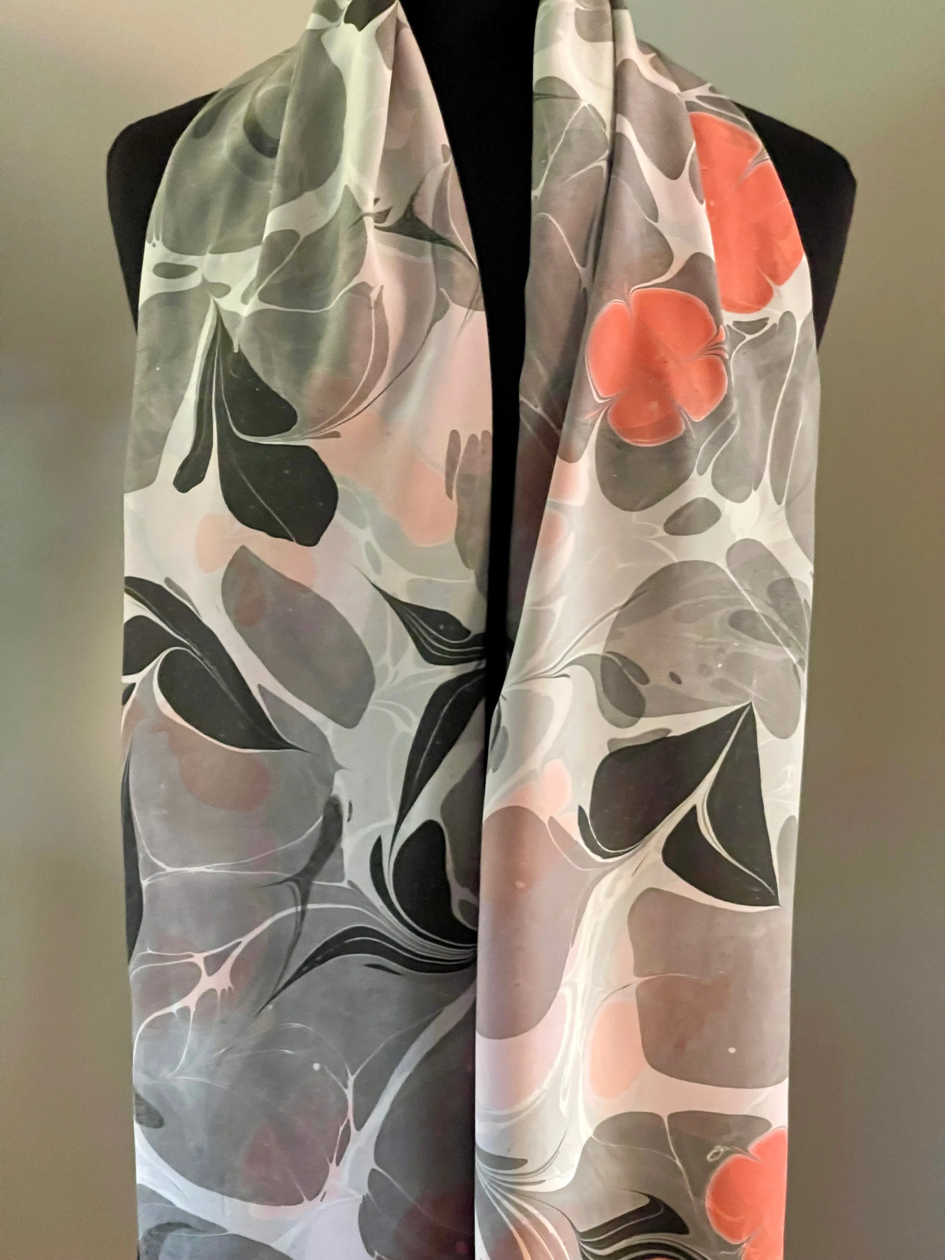 Flowers twice marbled Charmeuse Silk 72x14” bold fun. This beautiful  silk makes  a unique dresser cover and scarf .
