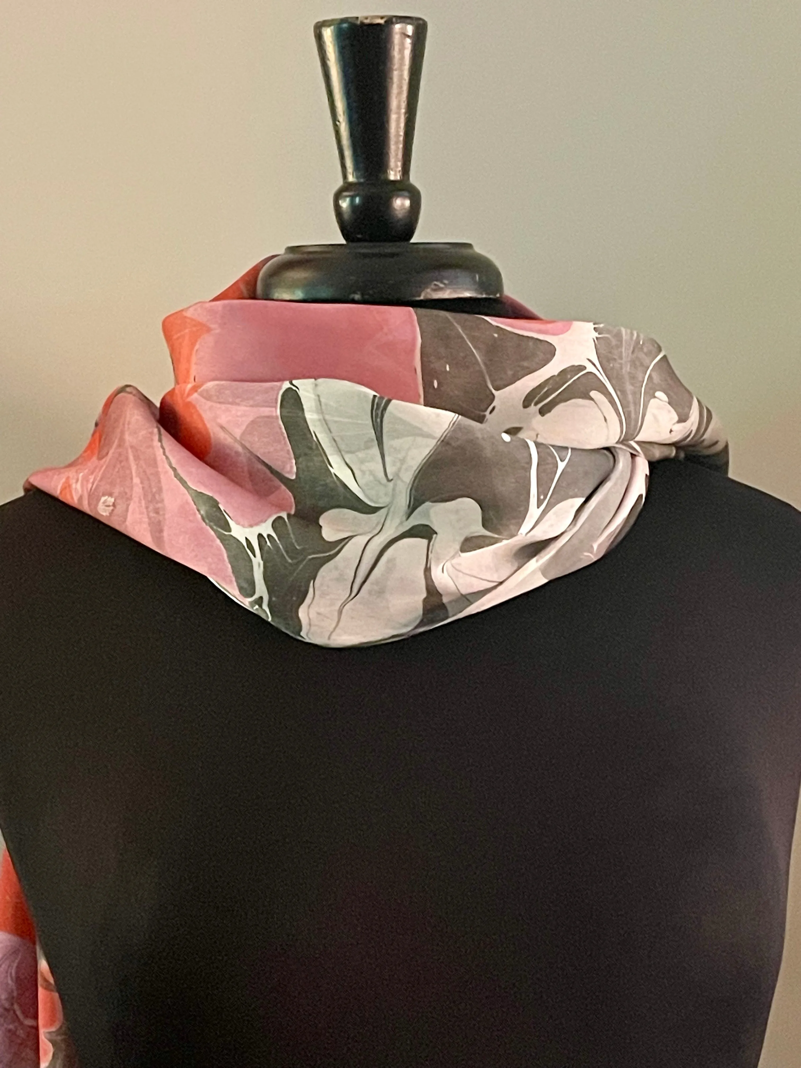 Flowers twice marbled Charmeuse Silk 72x14” bold fun. This beautiful  silk makes  a unique dresser cover and scarf .