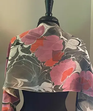 Flowers twice marbled Charmeuse Silk 72x14” bold fun. This beautiful  silk makes  a unique dresser cover and scarf .