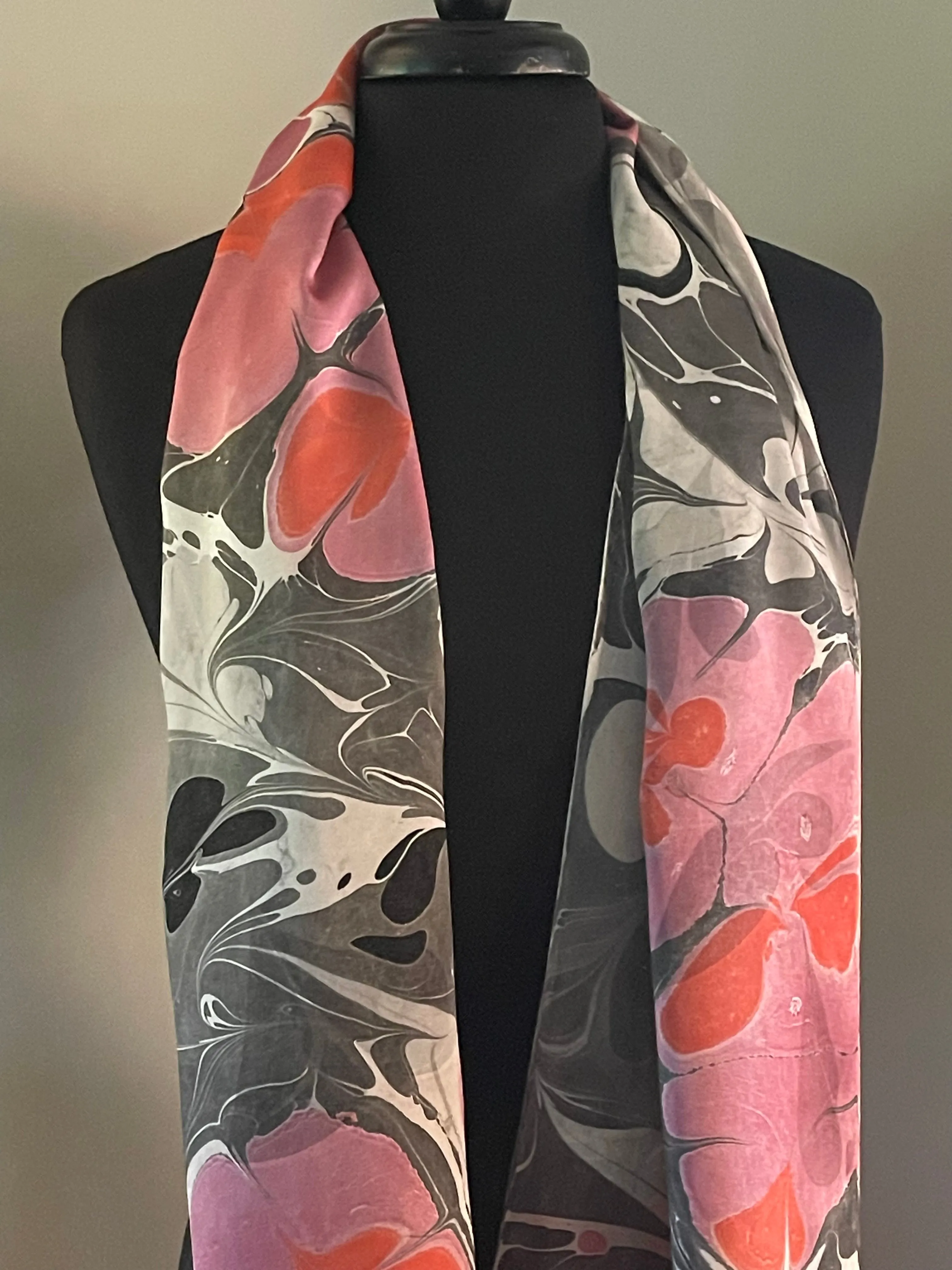 Flowers twice marbled Charmeuse Silk 72x14” bold fun. This beautiful  silk makes  a unique dresser cover and scarf .