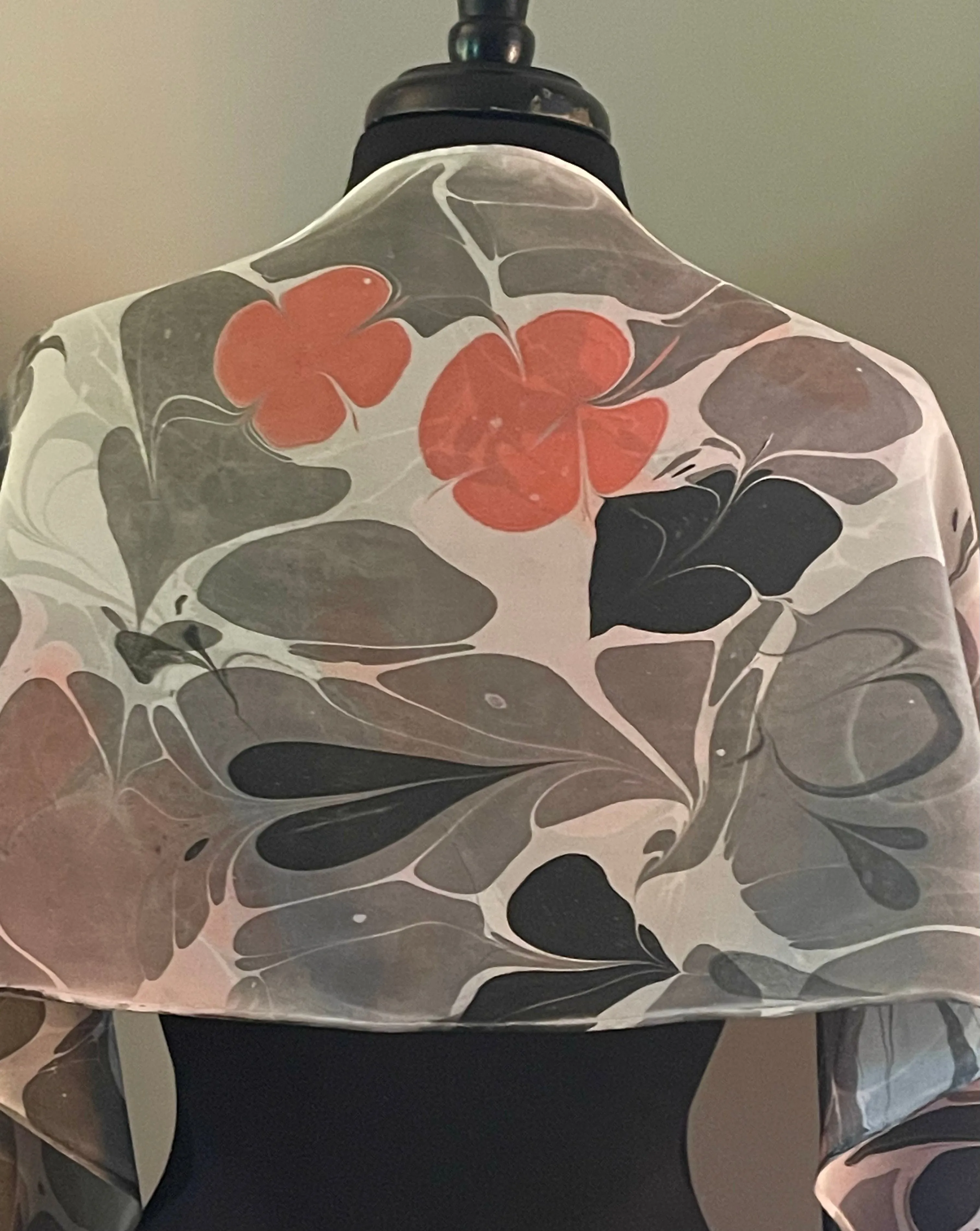 Flowers twice marbled Charmeuse Silk 72x14” bold fun. This beautiful  silk makes  a unique dresser cover and scarf .