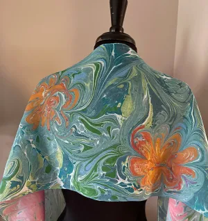 Flowers water marbled 8mm Habotai silk.  Hang on the wall, use as a table runner or wear this unique piece