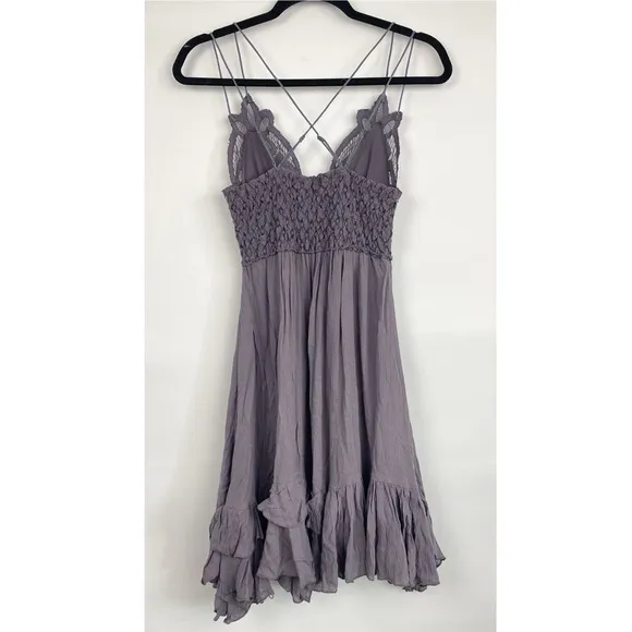 Free People Adella Fairy Grunge Asymmetrical Crochet Mini Slip Dress, Purple XS
