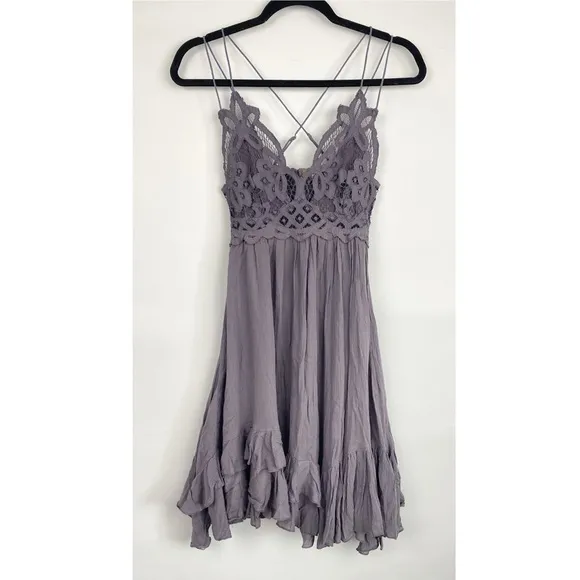 Free People Adella Fairy Grunge Asymmetrical Crochet Mini Slip Dress, Purple XS