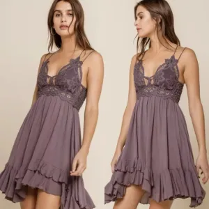 Free People Adella Fairy Grunge Asymmetrical Crochet Mini Slip Dress, Purple XS