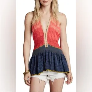 Free People Boho Ombre Halter Top Red &amp; Blue Knit Peplum Tank Top Size Medium
