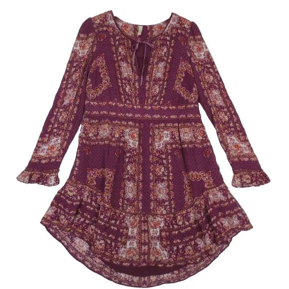 Free‎ People Bridget Dress Womens Medium Berry Floral Long Sleeve Ruffled Boho