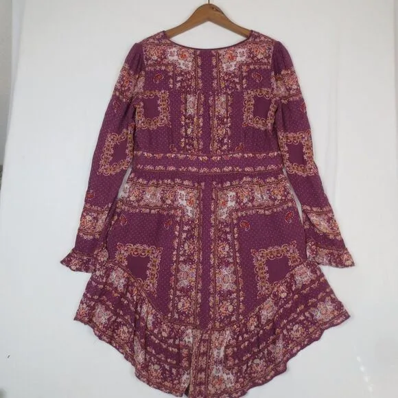 Free‎ People Bridget Dress Womens Medium Berry Floral Long Sleeve Ruffled Boho