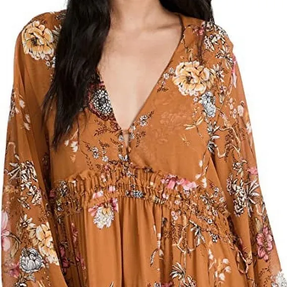 Free People Cherry Blossom Mini deep v neck flowy floral long sleeve Dress M