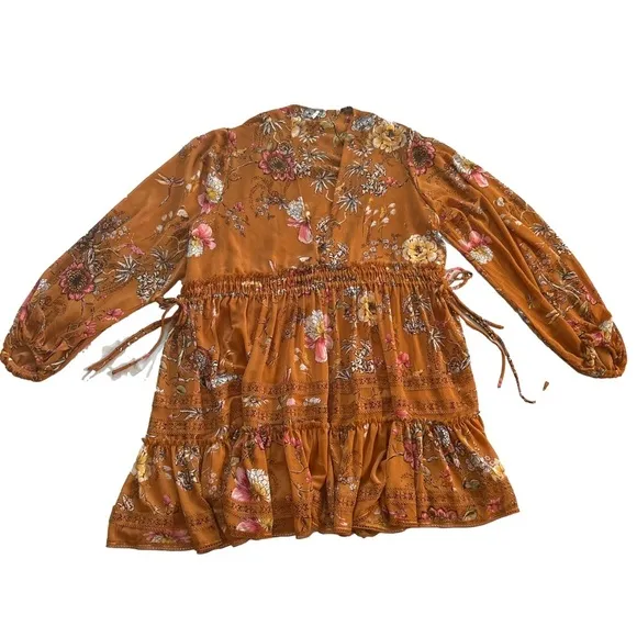 Free People Cherry Blossom Mini deep v neck flowy floral long sleeve Dress M