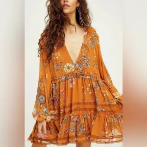 Free People Cherry Blossom Mini deep v neck flowy floral long sleeve Dress M