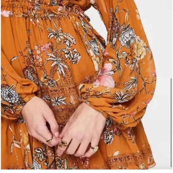 Free People Cherry Blossom Mini deep v neck flowy floral long sleeve Dress M