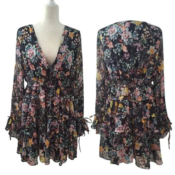Free People Closer To The Heart Tiered Floral Women's Dress Black Multi Sz Large
