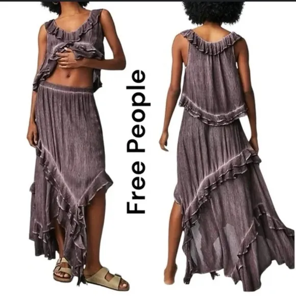 Free People If Only Set Boho Maxi Skirt Purple Tie Dye XS EUC