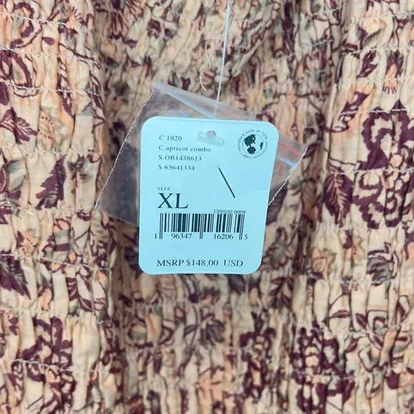 Free People NEW Smock It To Me Floral Puffed Sleeve Smocked Mini Dress‎ Size XL