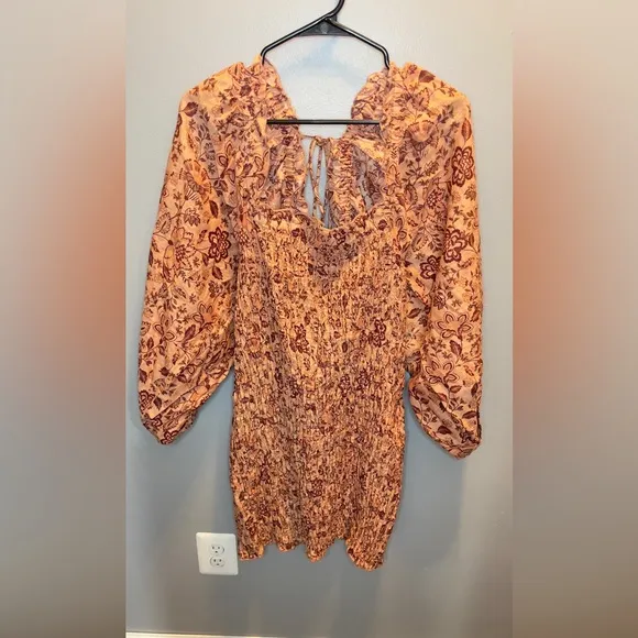 Free People NEW Smock It To Me Floral Puffed Sleeve Smocked Mini Dress‎ Size XL