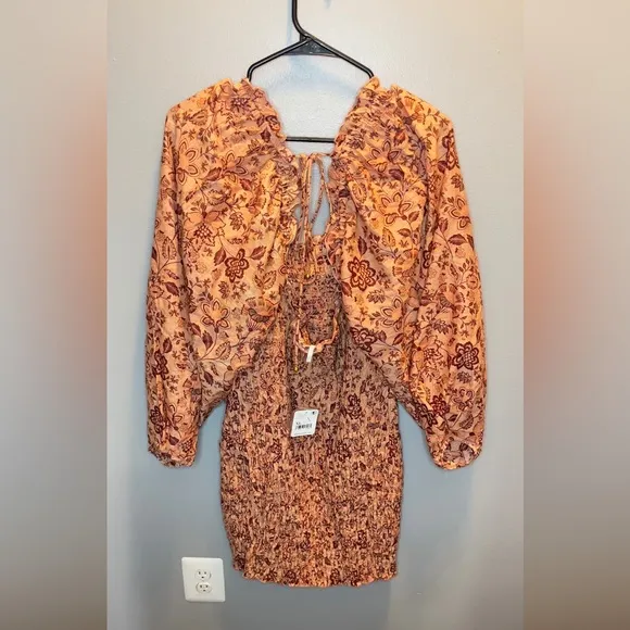 Free People NEW Smock It To Me Floral Puffed Sleeve Smocked Mini Dress‎ Size XL