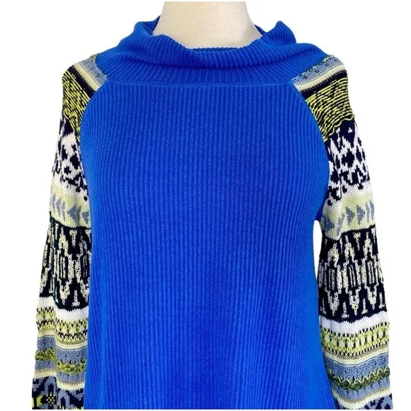 FREE PEOPLE PRISM TOO TEE MOCK NECK LONG SLEEVE SWEATER BLUE BELL COMBO SIZE SP