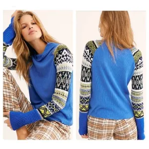 FREE PEOPLE PRISM TOO TEE MOCK NECK LONG SLEEVE SWEATER BLUE BELL COMBO SIZE SP