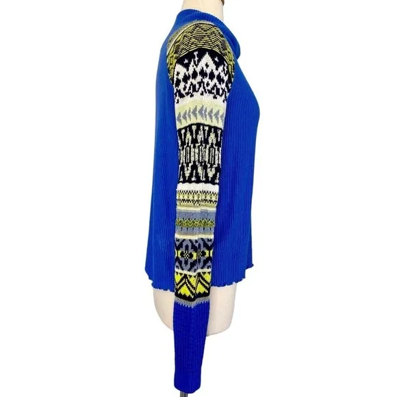FREE PEOPLE PRISM TOO TEE MOCK NECK LONG SLEEVE SWEATER BLUE BELL COMBO SIZE SP