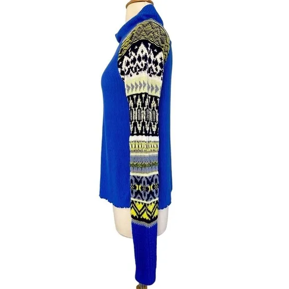 FREE PEOPLE PRISM TOO TEE MOCK NECK LONG SLEEVE SWEATER BLUE BELL COMBO SIZE SP