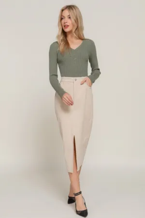 Front Open Slit Corduroy Midi Skirt in Green or Cream