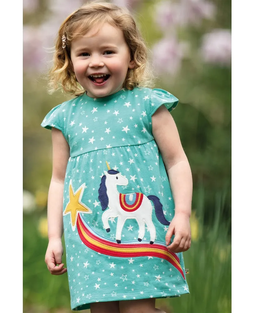 Frugi Little Lola Dress Aqua Stars Unicorn
