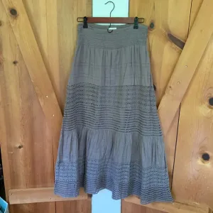 Garnet Hill XS Taupe long maxi skirt crochet lace tiered boho lagenlook cotton