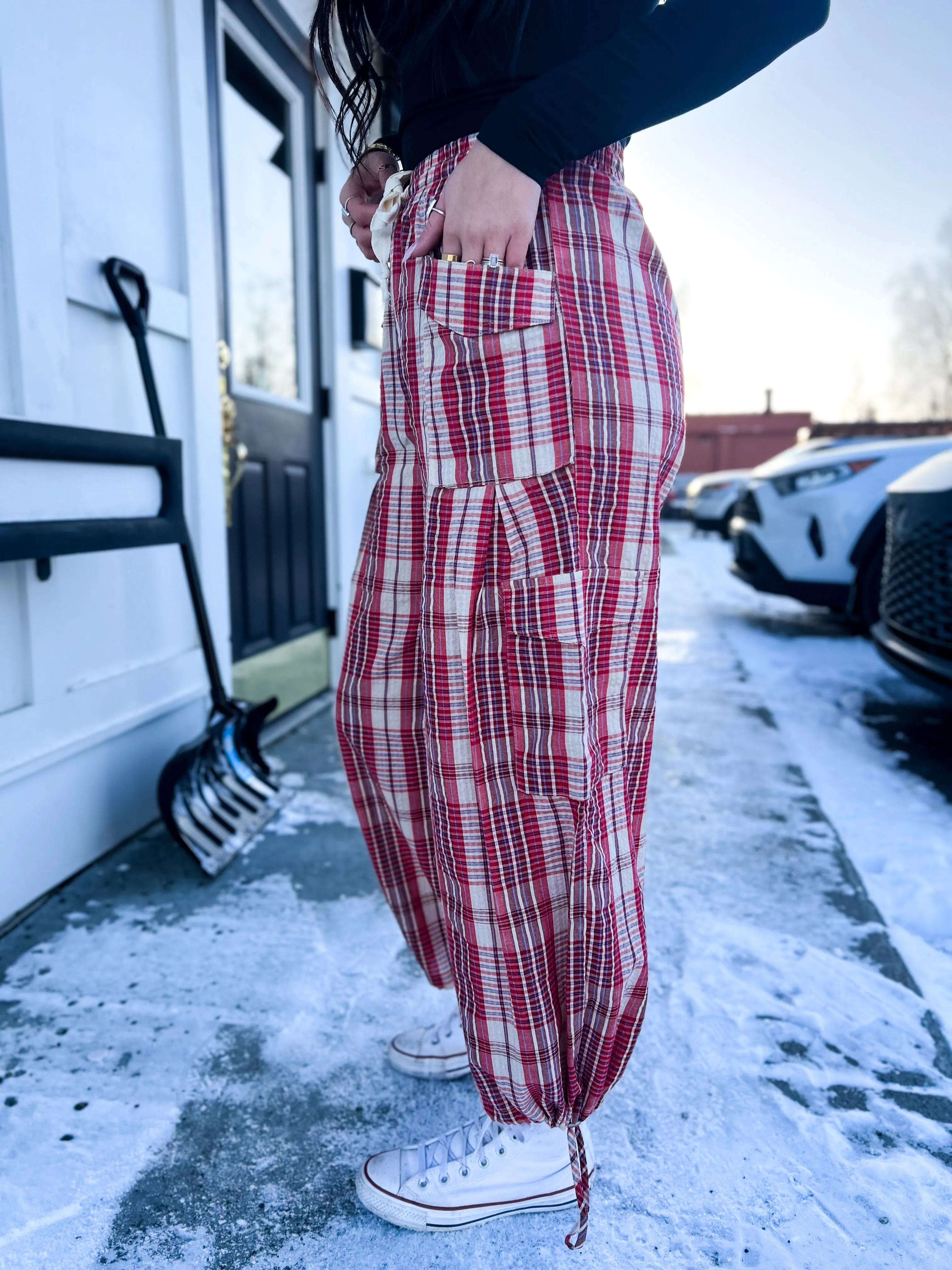 Gigi Vintage Plaid Drawstring Jogger- Red Combo