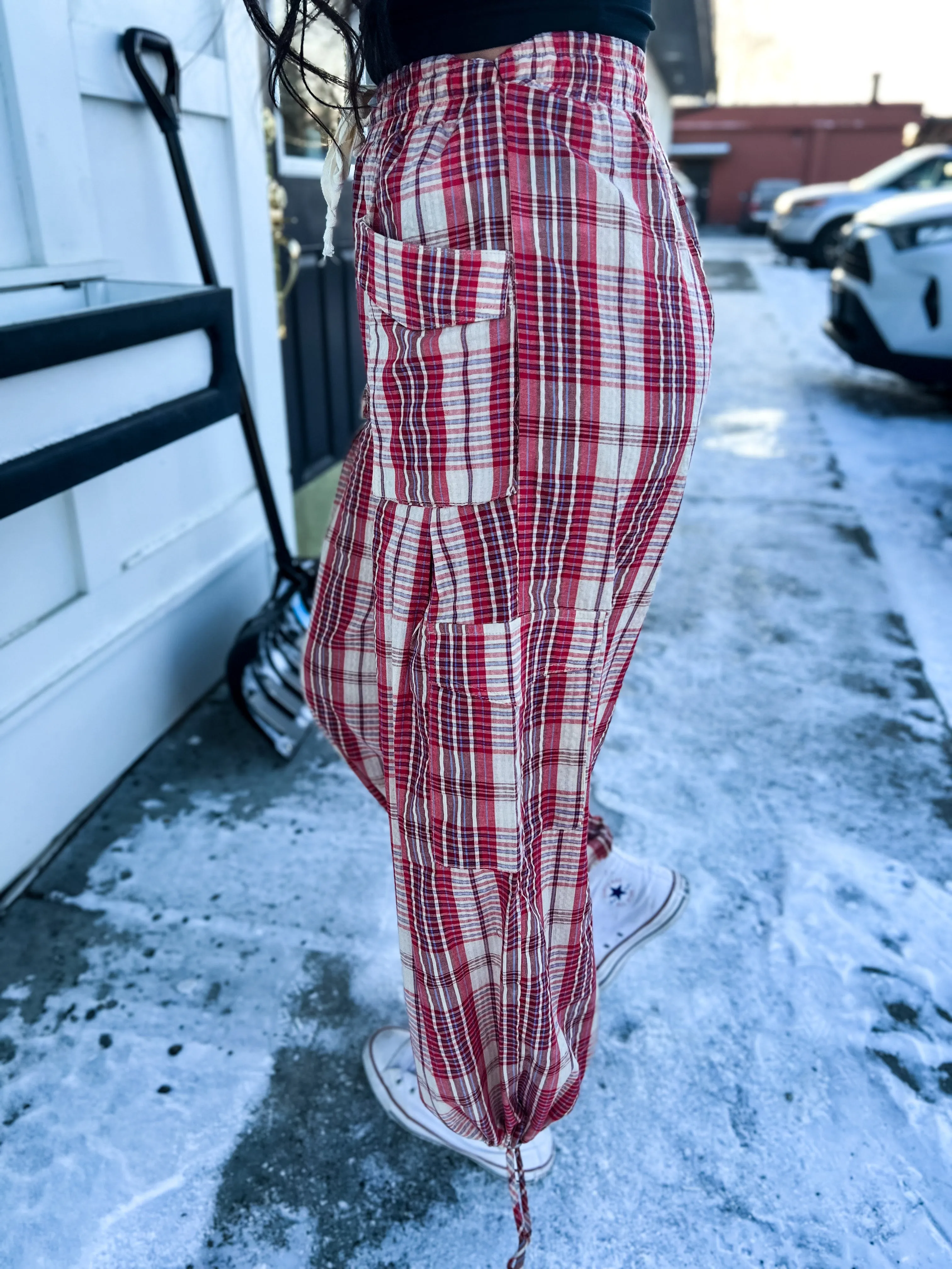 Gigi Vintage Plaid Drawstring Jogger- Red Combo