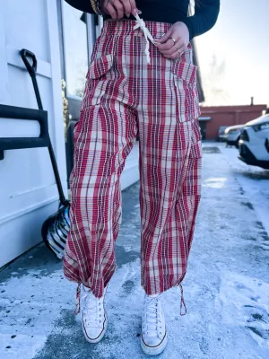 Gigi Vintage Plaid Drawstring Jogger- Red Combo