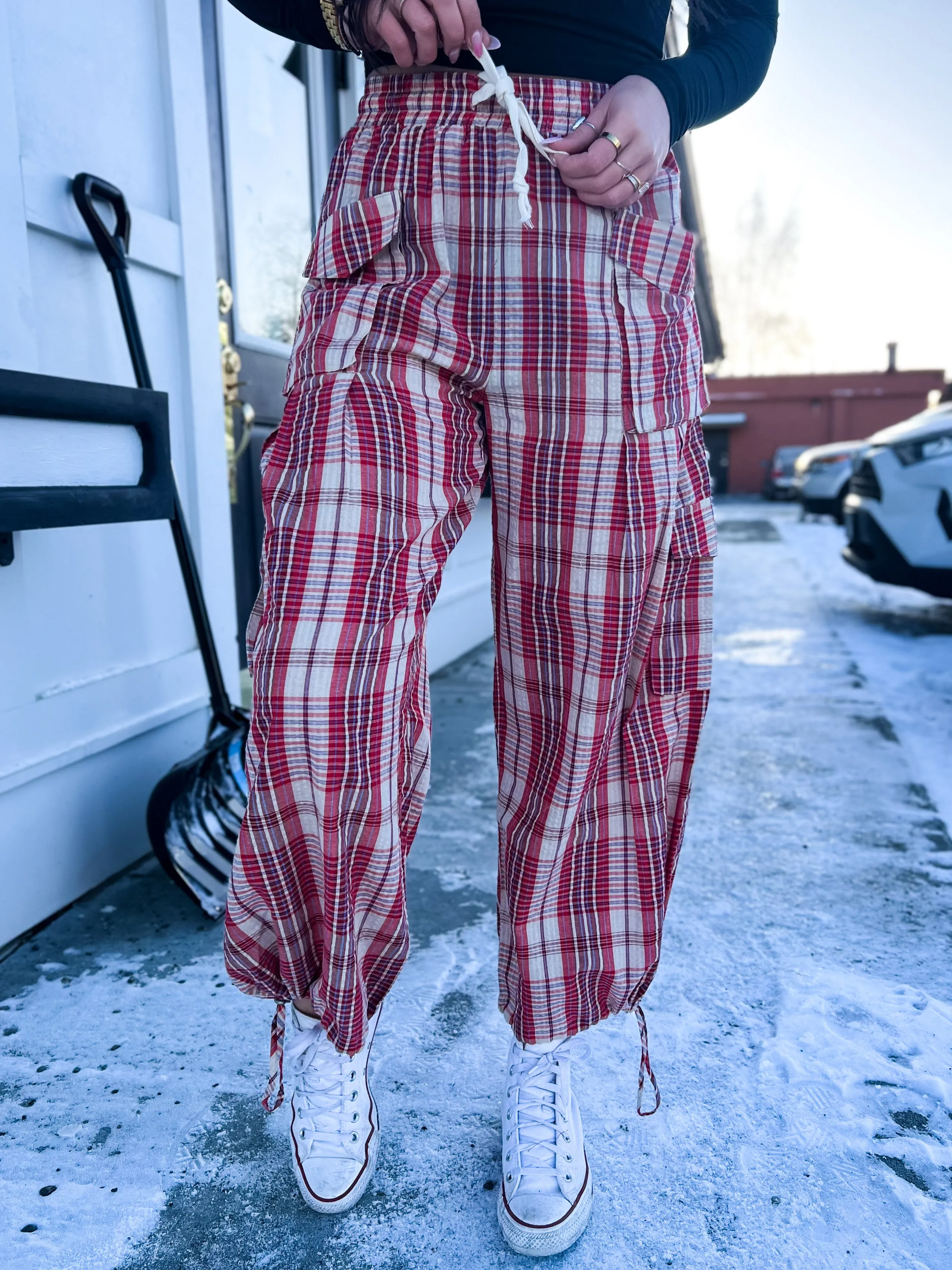 Gigi Vintage Plaid Drawstring Jogger- Red Combo