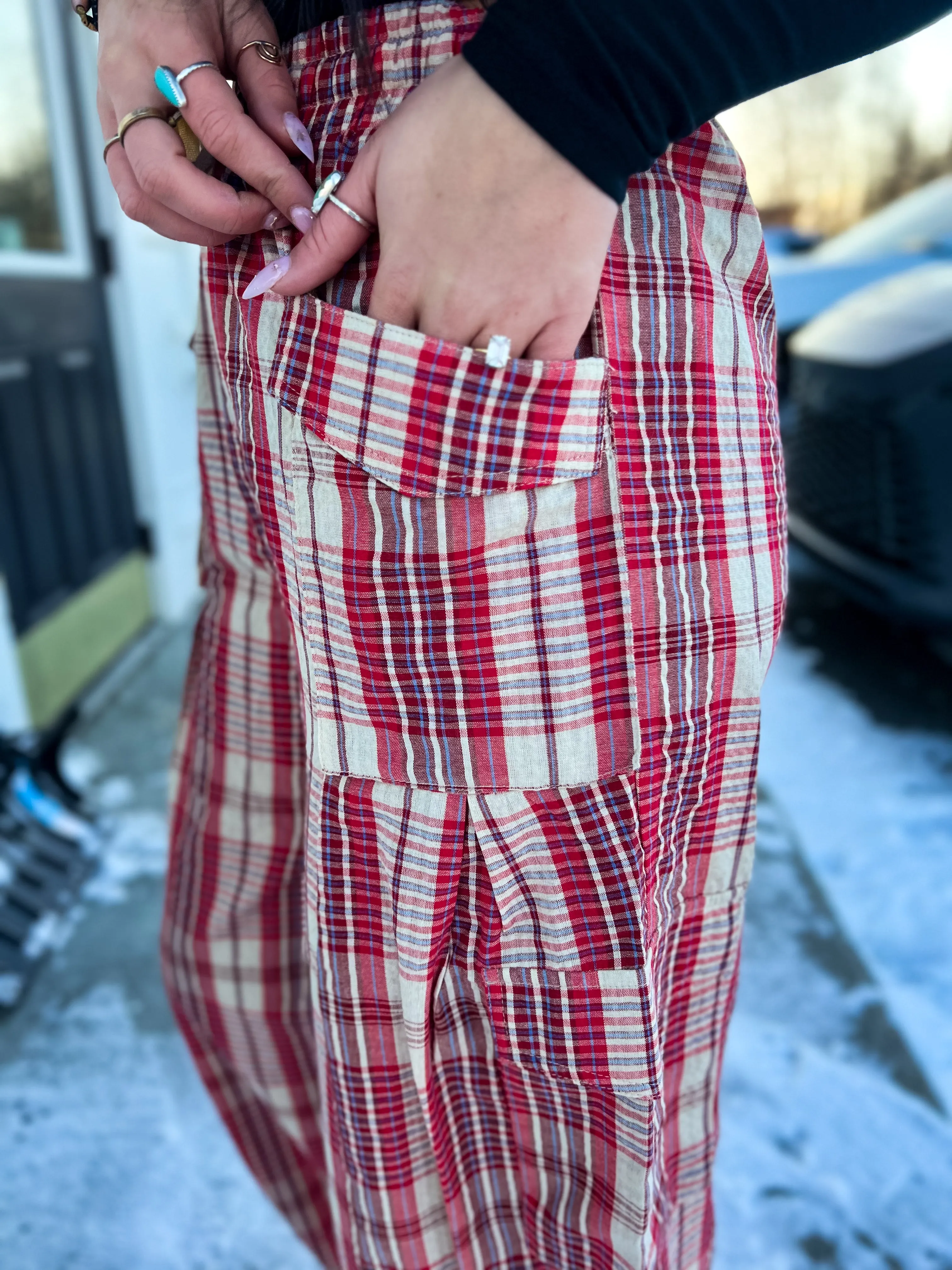 Gigi Vintage Plaid Drawstring Jogger- Red Combo