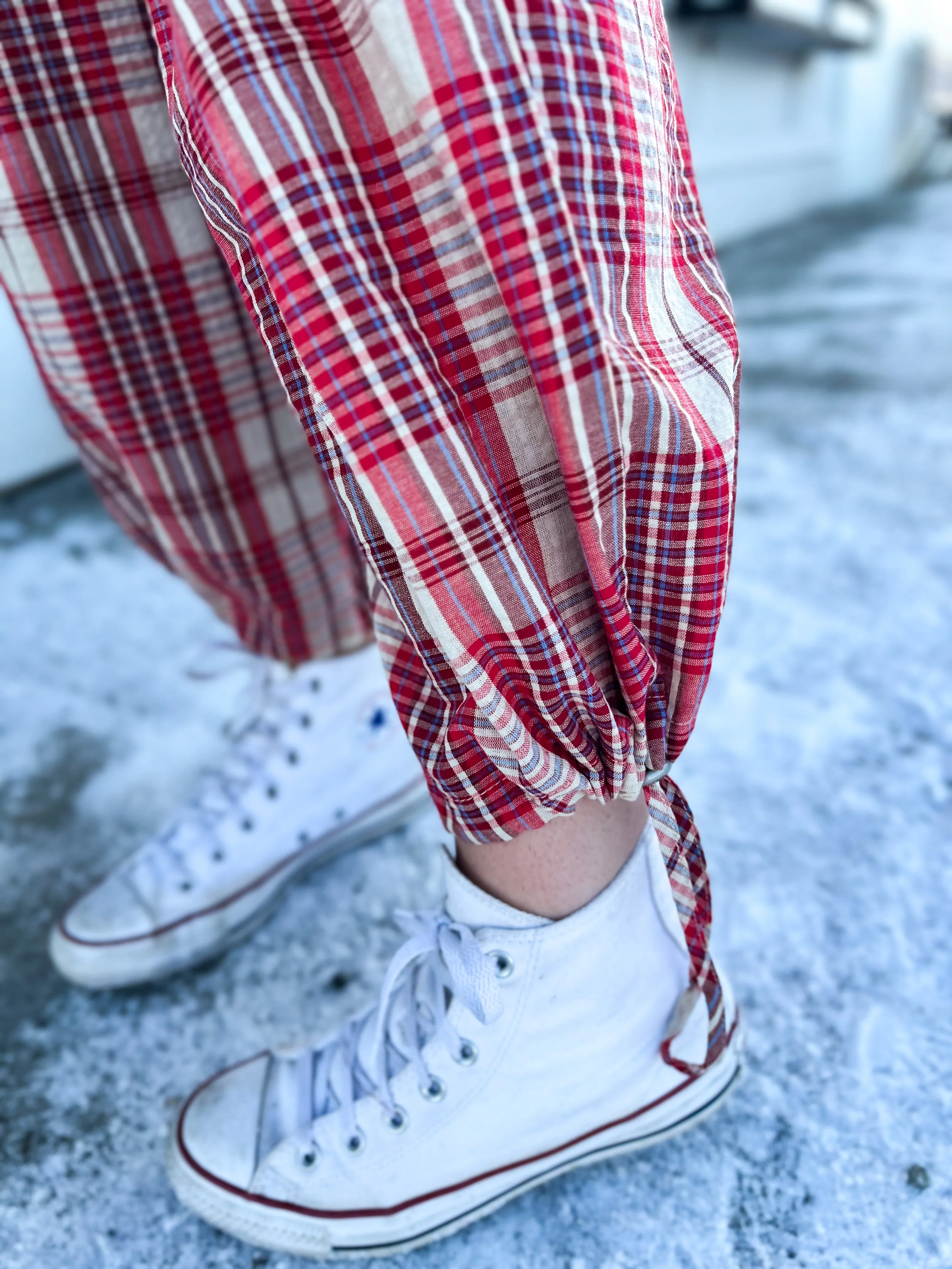 Gigi Vintage Plaid Drawstring Jogger- Red Combo