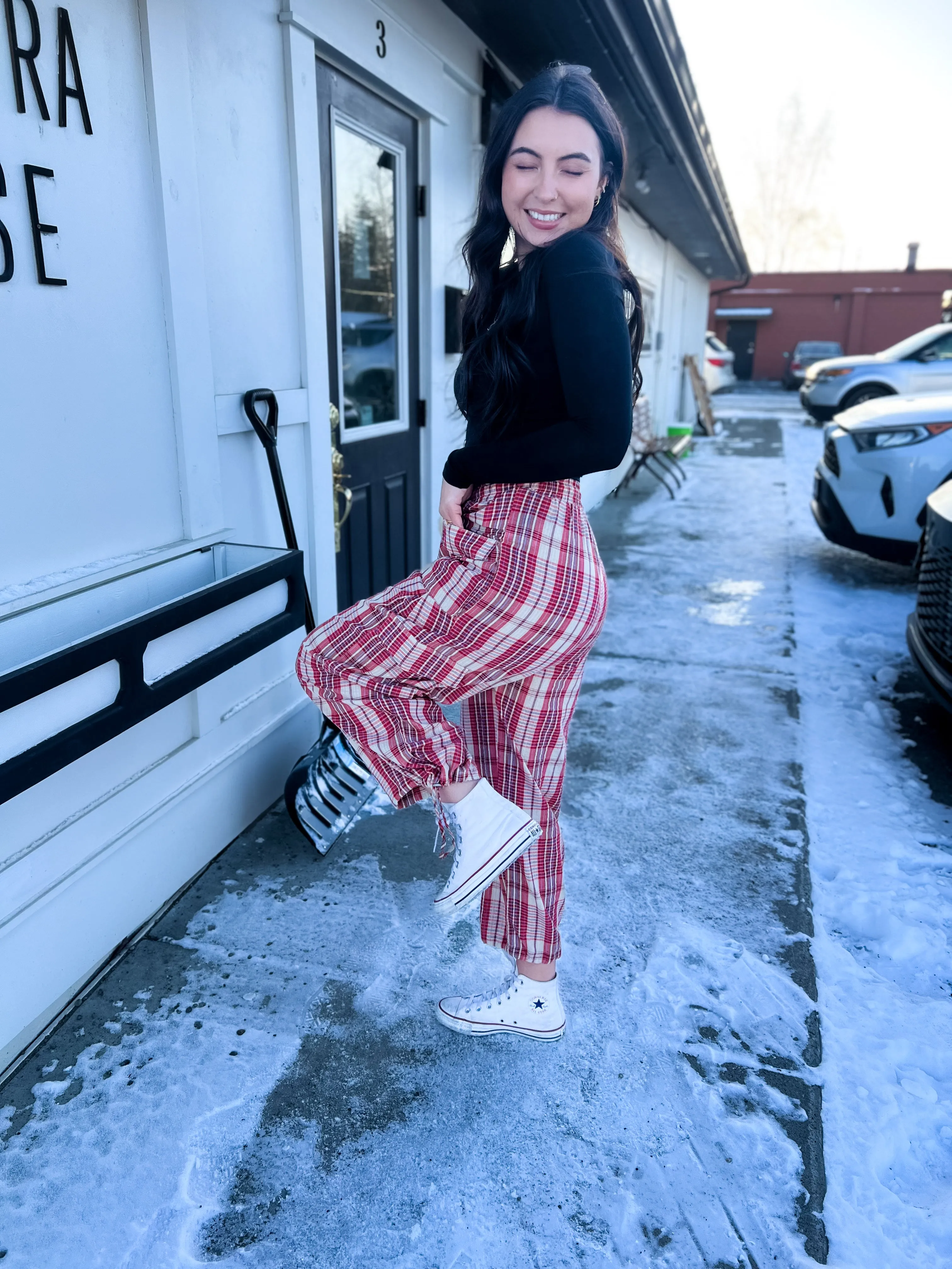 Gigi Vintage Plaid Drawstring Jogger- Red Combo