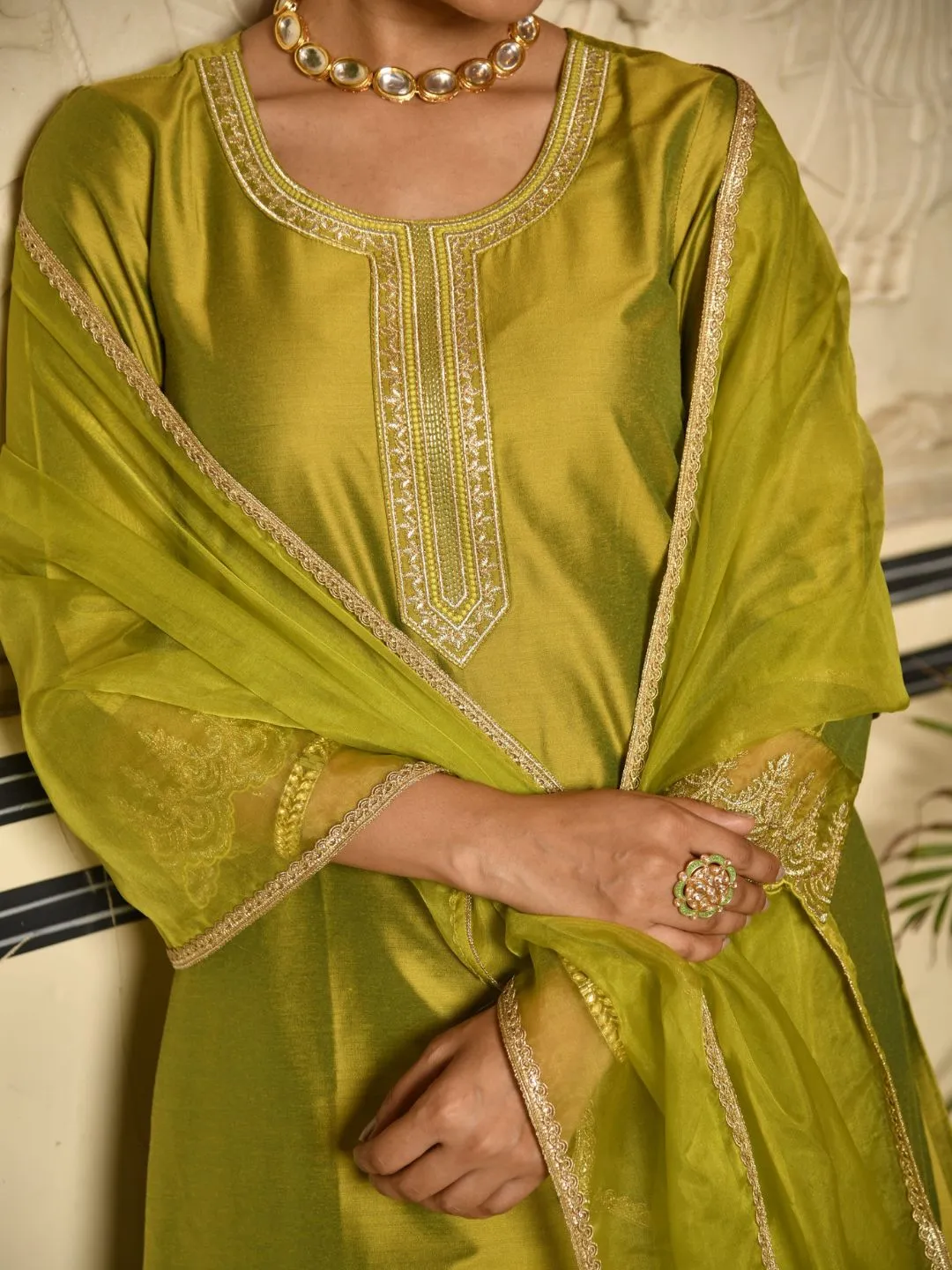 Green Art Silk Kurta Set with Scalloped Zari Embroidered Details with dupatta