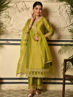 Green Art Silk Kurta Set with Scalloped Zari Embroidered Details with dupatta