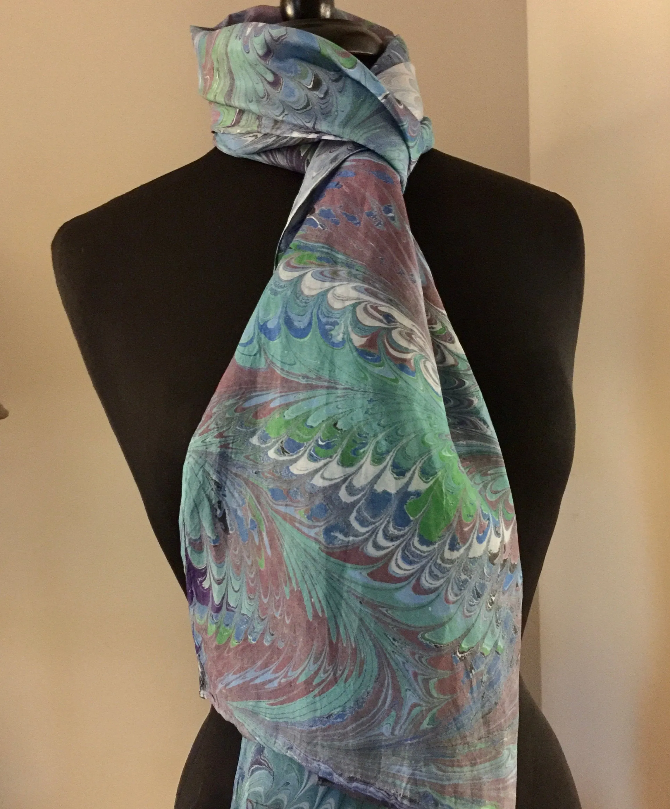 Green blue wine.  Habotai Silk 14x72”