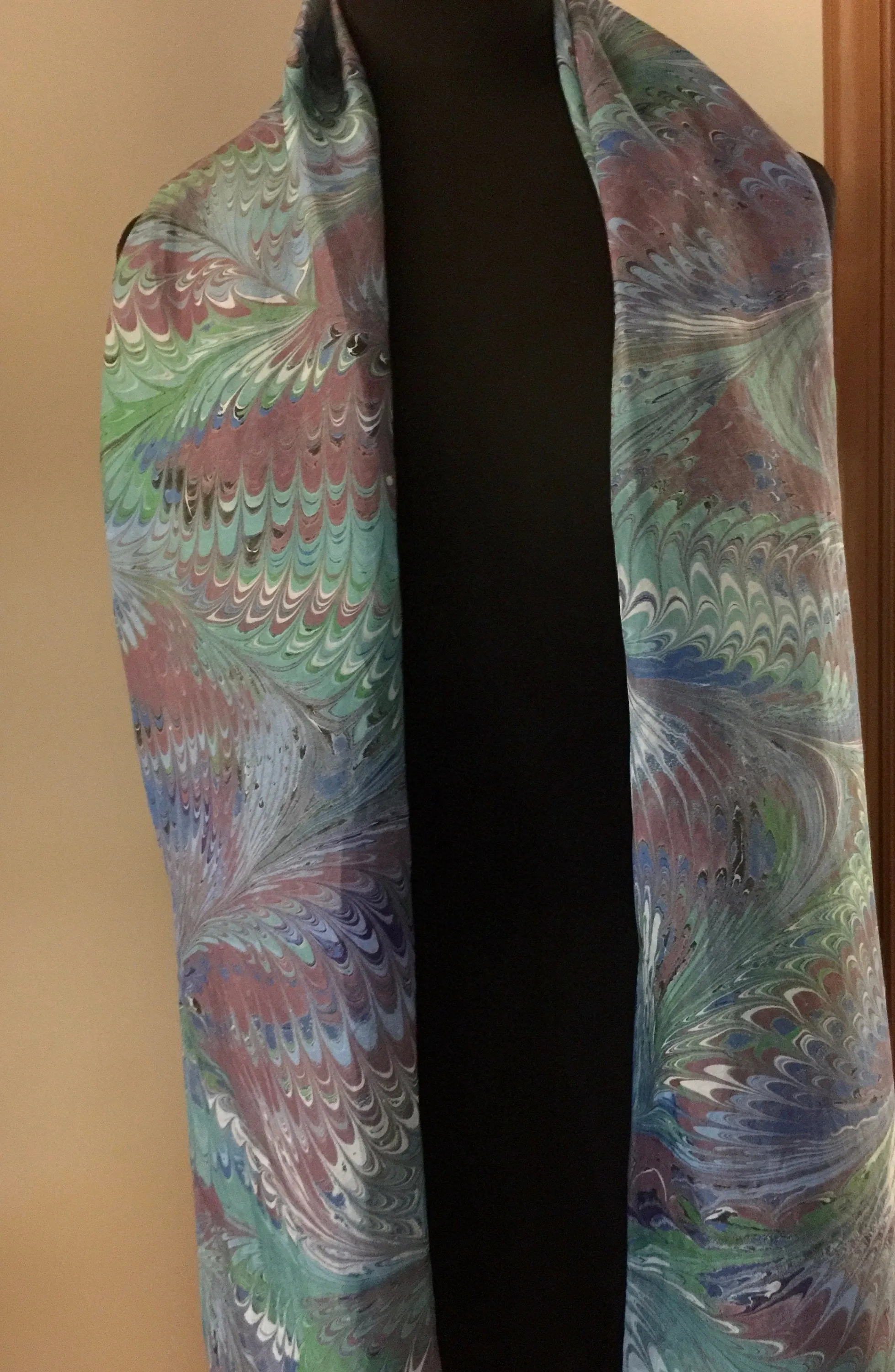 Green blue wine.  Habotai Silk 14x72”